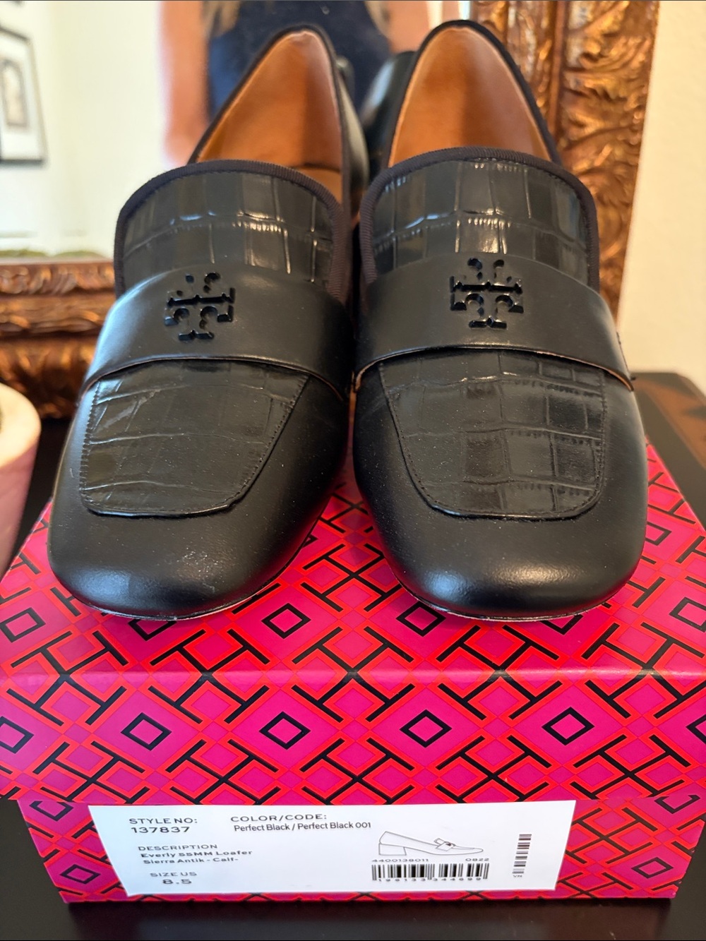Tory Burch Black Croc-Embossed Leather Slip-On Loafers